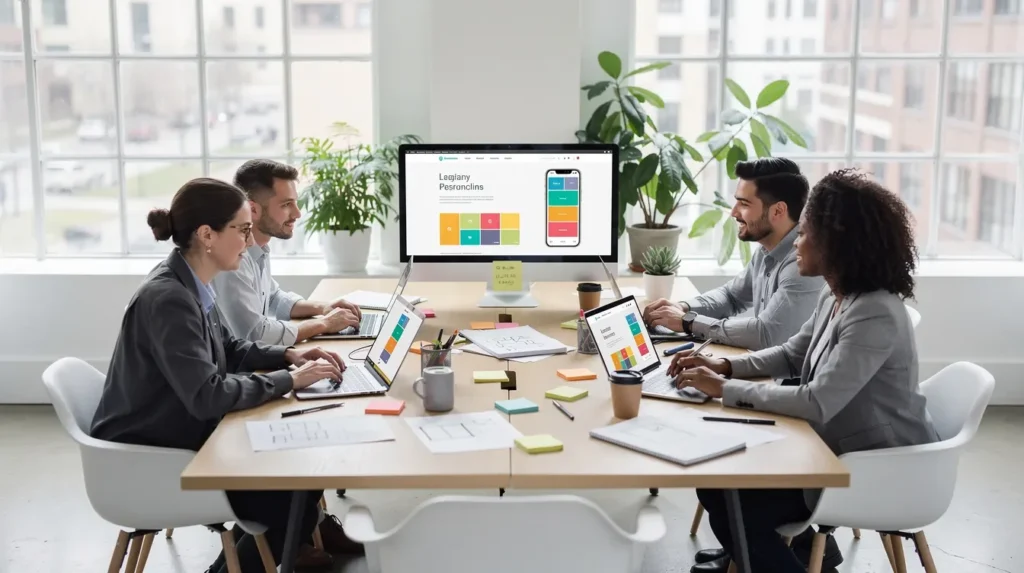Equipe marketing qui regardent des statistiques sur un écran